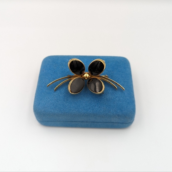 Beautiful Vintage Bal-Ron 12k G.F. Black Onyx Brooch Flower 4 Leaf Clover Motifs - Picture 5 of 7